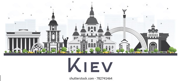 Kiev Ukraine City Skyline With Gray Buildings Isolated On White Background. Vector Illustration. Business Travel And Tourism Concept. Kiev Cityscape With Landmarks.