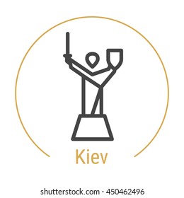 Kiev (Ukraine) outline icon with caption. Kiev City logo, landmark, vector symbol. Kiev Mother Motherland monument. Illustration of Kiev isolated on white background.