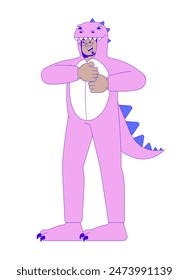 Kigurumi dinosaur onesie man happy dancing 2D linear cartoon character. Dino costume male middle eastern isolated line vector person white background. Animal pajama wear color flat spot illustration