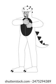 Kigurumi dinosaur onesie man happy dancing black and white 2D line cartoon character. Dino costume guy middle eastern isolated vector outline person. Animal pajama monochromatic flat spot illustration