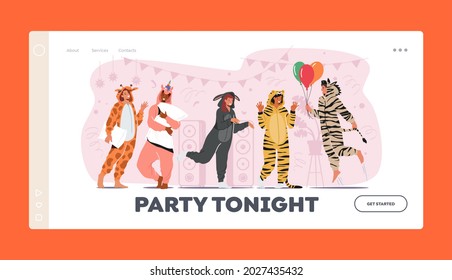 Kigurumi Pajama Party Landing Page Template. Young People in Animal Costumes Unicorn, Donkey, Zebra, Giraffe, Tiger with Balloons and Pillows Fun with Friends Listen Music. Cartoon Vector Illustration