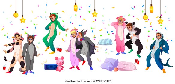 Kigurumi pajama party, young people in animal costumes frog, shark, cow and panda, bat, pig and unicorn with bat having fun with friends, confetti, pillows and music, Cartoon vector illustration