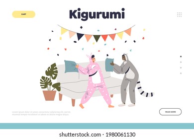 Kigurumi party concept of landing page with boy and girl in bunny and raccoon jumpsuit pajamas fighting pillows. Cheerful people in onesize animal costumes have fun. Cartoon flat vector illustration