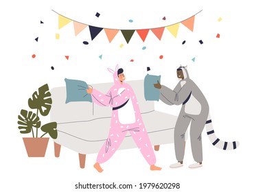 Kigurumi party with funny boy and girl in bunny and raccoon costumes fighting pillows. Cheerful people in onesize pajamas have fun. Cartoon flat vector illustration