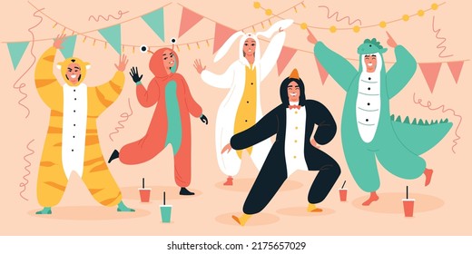 Kigurumi Pyjama Party Composition Five Friends At The Party With Drinks And Swag Dancing In Costumes Vector Illustration