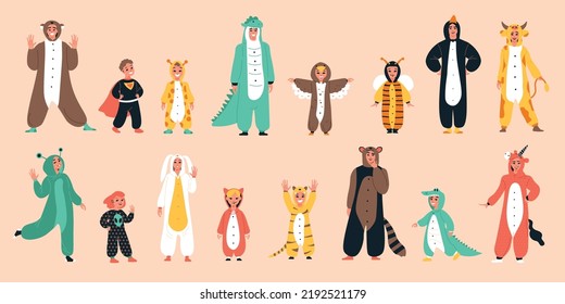 Kigurumi pyjamas color icon set children and adults in funny animal costumes vector illustration