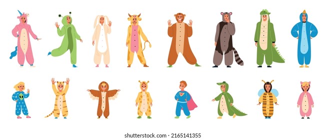 Kigurumi pyjamas icon set funny plush costumes for adults and children in animals form vector illustration