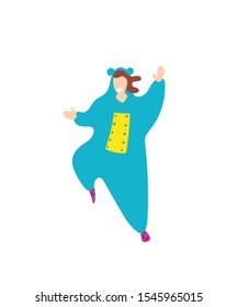 Kigurumi sleepwear animal costume blue bear. Flat trendy people funny vector illustration. Female pyjamas clothes isolated on white background. Pop art kigurumi style. Cartoon trendy flat people.