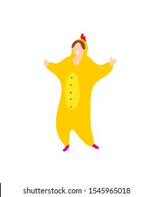 Kigurumi sleepwear animal costume yellow chicken. Flat trendy people funny vector illustration. Female pyjamas clothes isolated on white background. Pop art kigurumi style. Cartoon trendy flat people.