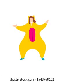 Kigurumi sleepwear animal costume yellow pikachu. Flat trendy people funny vector illustration. Female pyjamas clothes isolated on white background. Pop art kigurumi style. Cartoon trendy flat people.