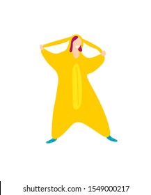 Kigurumi sleepwear animal costume yellow pikachu. Flat trendy people funny vector illustration. Female pyjamas clothes isolated on white background. Pop art kigurumi style. Cartoon trendy flat people.