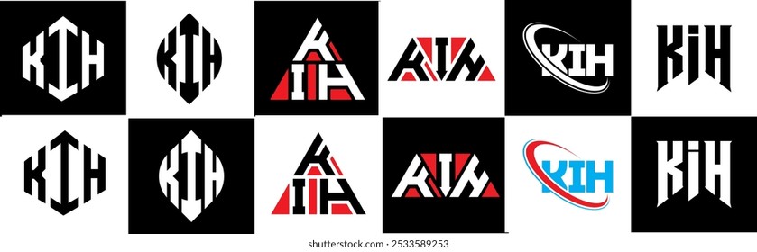 KIH letter logo design in six style. KIH polygon, circle, triangle, hexagon, flat and simple style with black and white color variation letter logo set in one artboard. KIH minimalist and classic logo