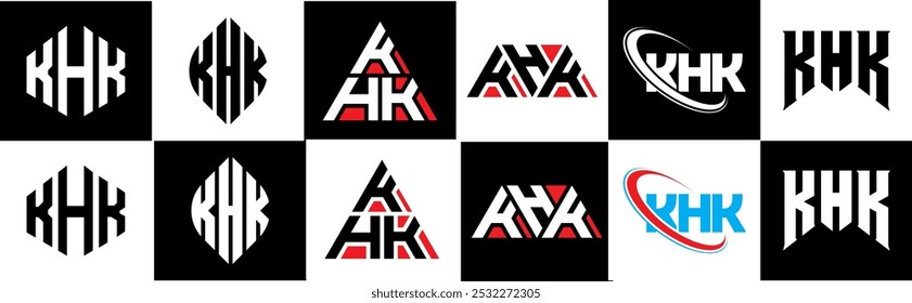 KIK letter logo design in six style. KIK polygon, circle, triangle, hexagon, flat and simple style with black and white color variation letter logo set in one artboard. KIK minimalist and classic logo