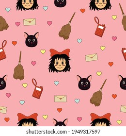 Kiki's Delivery Service Pink Background. Seamless Pattern Repeat, Print, Textile, Decoration, Anime, Cartoon