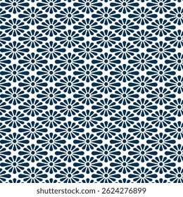 Kikubishi chrysanthemum diamond Japanese seamless pattern background. Traditional floral geometric textile motif in navy blue. Repeating design for fabric, surface, and decorative use, Vector 