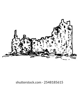 Kilchurn Castle in Scotland. Ruins of historical medieval structure. Hand drawn linear doodle rough sketch. Black and white silhouette.