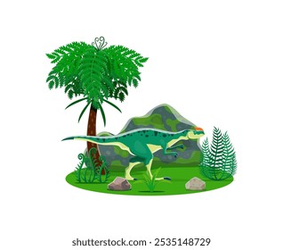 Caractere de dinossauro pré-histórico de Kileskus. Vetor de desenhos animados dino predator em uma paisagem exuberante tropical do Jurássico Médio com palmeira, grama verde, rochas e samambaias. Réptil antigo carnívoro rugido