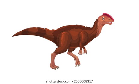 Kileskus prehistoric dinosaur. Isolated cartoon vector dino, featuring a brown body with darker brown stripes and pink crest on its head. Carnivore bipedal dinosaur with small arms and sharp claws