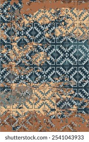 Tapetes e tapetes com textura grunge e angustiada de padrão vetorial kilim e asteca

