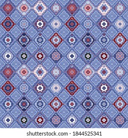 Kilim bohemian seamless pattern for printed fabrics in vector format, repeatable in rectangular shape. All element of the patterns are grouped and layer