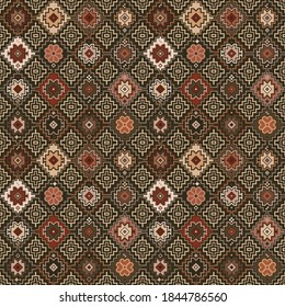 Kilim bohemian seamless pattern for printed fabrics in vector format, repeatable in rectangular shape. All element of the patterns are grouped and layered per each color. Easy to use and to edit for v