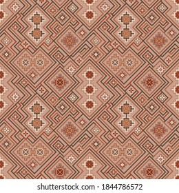Kilim bohemian seamless pattern for printed fabrics in vector format, repeatable in rectangular shape. All element of the patterns are grouped and layered per each color. Easy to use and to edit for v