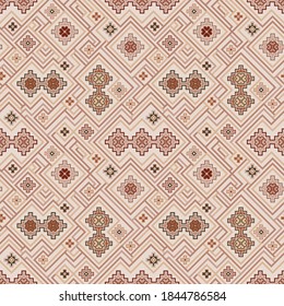 Kilim bohemian seamless pattern for printed fabrics in vector format, repeatable in rectangular shape. All element of the patterns are grouped and layered per each color. Easy to use and to edit for v