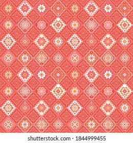 Kilim bohemian seamless pattern for printed fabrics in vector format, repeatable in rectangular shape. All element of the patterns are grouped and layered per each color. Easy to use and to edit for v