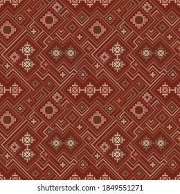 Kilim bohemian seamless pattern for printed fabrics in vector format, repeatable in rectangular shape. All element of the patterns are grouped and layered per each color. Easy to use and to edit for v