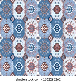 Kilim bohemian seamless pattern in vector format for printed fabrics or any other purposes. The pattern is tileable and easy to use.