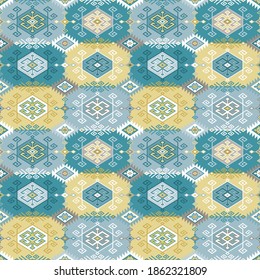 Kilim bohemian seamless pattern in vector format for printed fabrics or any other purposes. The pattern is tileable and easy to use.