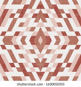 Kilim geo seamless pattern in terra cotta colors with linen texture overlay. Terracotta burnt earth colour geometric warm seamless repeat vector eps 10 pattern swatch.
