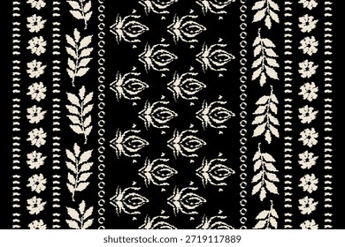 Patrón de Kilim con un diseño floral ikat sobre un fondo negro. Bordado oriental étnico, motivos aztecas y ornamentación barroca. ideal para textiles, telas, papel de regalo y decoración del hogar
