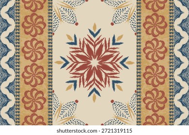 Patrón de Kilim con un fondo de diseño floral ikat. Bordado oriental étnico, motivos aztecas y ornamentación barroca. ideal para textiles, telas, papel de regalo y decoración del hogar