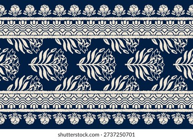 Kilim pattern featuring Ikat floral motifs on a blue background, a vector illustration in an ethnic, Oriental embroidery style that blends Aztec and Baroque elements. Perfect for fabric and clothing