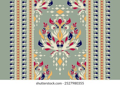 Kilim pattern,Ikat floral design pattern on green background,vector illustration,Ikat ethnic oriental pattern,Aztec style,abstract background.design for texture,fabric,clothing,decoration,kilim,print.