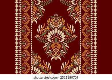 Padrão de Kilim,padrão floral de Ikat sobre fundo de mogno,ilustração vetorial,padrão oriental de Ikat,estilo asteca,barroco,desenhado à mão,bordado tradicional.design para textura,tecido,roupas,decoração.