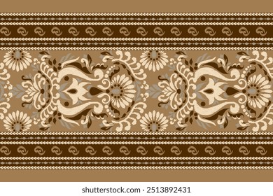 Patrón de Kilim, patrón floral de Ikat sobre fondo marrón, Ilustración vectorial, bordado oriental étnico de Ikat, estilo azteca, patrón barroco. diseño para textura, tela, ropa, envoltura, decoración, kilim, impresión