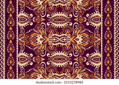 Patrón de Kilim, patrón floral de Ikat sobre fondo púrpura, Ilustración vectorial, bordado oriental étnico de Ikat, estilo azteca, patrón barroco. diseño para textura, tela, ropa, envoltura, decoración, kilim, alfombra.