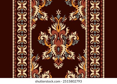 Kilim pattern,Ikat floral pattern on brown background,vector illustration,Ikat ethnic oriental embroidery,Aztec style,baroque pattern.design for texture,fabric,clothing,wrapping,decoration,kilim,print