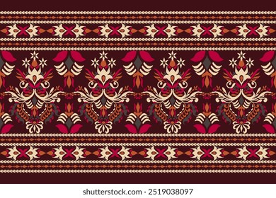 Patrón de Kilim, patrón floral de Ikat sobre fondo marrón, Ilustración vectorial, bordado oriental étnico de Ikat, estilo azteca, patrón barroco. diseño para textura, tela, ropa, envoltura, decoración, kilim, impresión