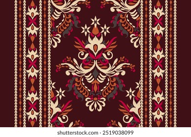 Kilimmuster,Ikat Blumenmuster auf braunem Hintergrund,Vektorgrafik,Ikat ethnisch-orientalische Stickerei,Aztekischer Stil,Barockmuster.Design für Textur,Stoff,Kleidung,Umhüllung,Dekoration,Kilim,Druck