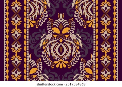 Kilim pattern,Ikat floral pattern on purple background,vector illustration,Ikat ethnic oriental embroidery,Aztec style,baroque pattern.design for texture,fabric,clothing,wrapping,decoration,kilim,rug.