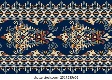 Padrão de Kilim,padrão floral de Ikat sobre fundo azul,ilustração vetorial,bordado oriental étnico de Ikat,estilo asteca,design barroco pattern.design para textura,tecido,roupas,envoltório,decoração,kilim,impressão.