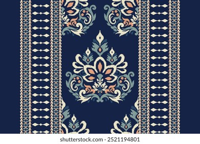 Kilim pattern,Ikat floral pattern on blue background,vector illustration,Ikat ethnic oriental embroidery,Aztec style,baroque pattern.design for texture,fabric,clothing,wrapping,decoration,kilim,print.