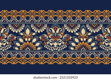 Kilim pattern,Ikat floral pattern on blue background,vector illustration,Ikat ethnic oriental embroidery,Aztec style,baroque pattern.design for texture,fabric,clothing,wrapping,decoration,kilim,print.