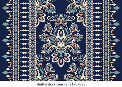 Kilim pattern,Ikat floral pattern on blue background,vector illustration,Ikat ethnic oriental embroidery,Aztec style,baroque pattern.design for texture,fabric,clothing,wrapping,decoration,kilim,print