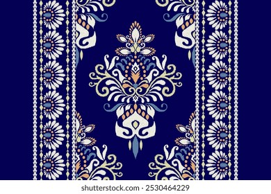 Patrón de Kilim, patrón floral de Ikat sobre fondo azul, Ilustración vectorial, bordado oriental étnico de Ikat, estilo azteca, patrón barroco. diseño para textura, tela, ropa, envoltura, decoración, kilim, impresión