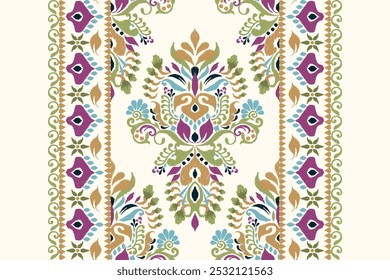 Kilimmuster,Ikat Blumenmuster auf weißem Hintergrund,Vektorgrafik,Ikat ethnisch-orientalische Stickerei,Aztekischer Stil,Barockmuster.Design für Textur,Stoff,Kleidung,Umhüllung,Dekoration,Kilim,Druck