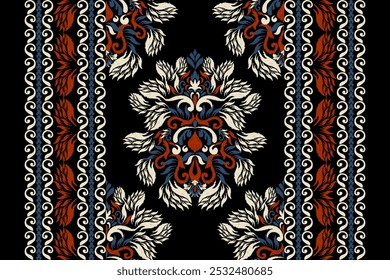 Kilim pattern,Ikat floral pattern on black background,vector illustration,Ikat ethnic oriental embroidery,Aztec style,baroque pattern.design for texture,fabric,clothing,wrapping,decoration,kilim,print